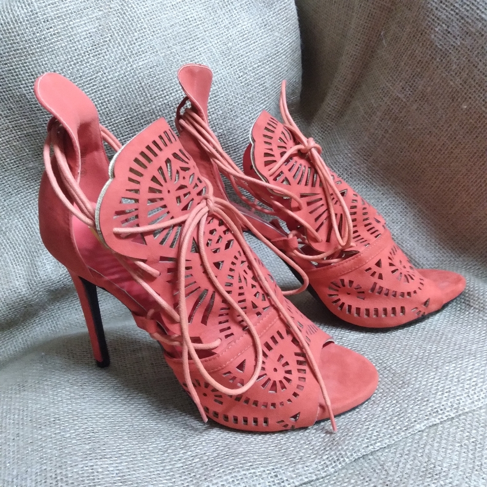 Athena Venus Stilettos Womens Size 9 Orange Suede Cutout Lace Up